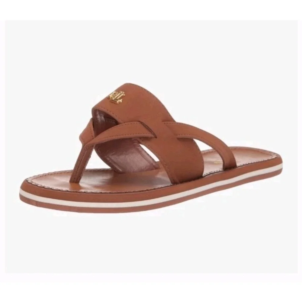 RALPH LAUREN Womens Size 9 Flat Sandal Roselind Tan Leather Shoes Gold Logo NEW